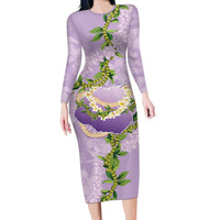 Hawaii Kauai Island Flowers Lei Long Sleeve Bodycon Dress Mokihana Lei LT7 Long Dress Lavender - Polynesian Pride