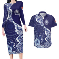 Fiji Queen Victoria School Personalised Couples Matching Long Sleeve Bodycon Dress and Hawaiian Shirt Masi Tapa Torn Style LT7 Blue - Polynesian Pride