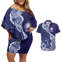 Fiji Queen Victoria School Personalised Couples Matching Off Shoulder Short Dress and Hawaiian Shirt Masi Tapa Torn Style LT7 Blue - Polynesian Pride