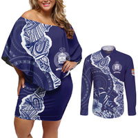 Fiji Queen Victoria School Personalised Couples Matching Off Shoulder Short Dress and Long Sleeve Button Shirt Masi Tapa Torn Style LT7 Blue - Polynesian Pride