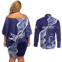 Fiji Queen Victoria School Personalised Couples Matching Off Shoulder Short Dress and Long Sleeve Button Shirt Masi Tapa Torn Style LT7 - Polynesian Pride