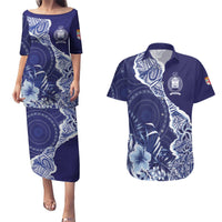 Fiji Queen Victoria School Personalised Couples Matching Puletasi and Hawaiian Shirt Masi Tapa Torn Style LT7 Blue - Polynesian Pride