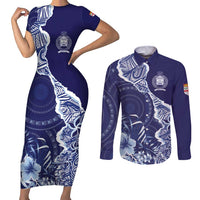 Fiji Queen Victoria School Personalised Couples Matching Short Sleeve Bodycon Dress and Long Sleeve Button Shirt Masi Tapa Torn Style LT7 Blue - Polynesian Pride