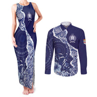 Fiji Queen Victoria School Personalised Couples Matching Tank Maxi Dress and Long Sleeve Button Shirt Masi Tapa Torn Style LT7 Blue - Polynesian Pride