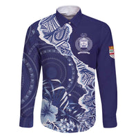 Fiji Queen Victoria School Personalised Family Matching Mermaid Dress and Hawaiian Shirt Masi Tapa Torn Style LT7 Dad's Shirt - Long Sleeve Blue - Polynesian Pride