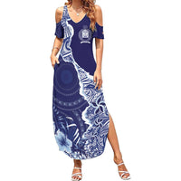 Fiji Queen Victoria School Personalised Family Matching Summer Maxi Dress and Hawaiian Shirt Masi Tapa Torn Style LT7 Mom's Dress Blue - Polynesian Pride