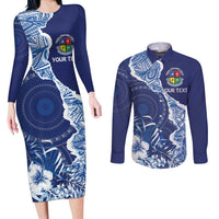 Fiji Lelean Memorial School Personalised Couples Matching Long Sleeve Bodycon Dress and Long Sleeve Button Shirt Korodredre Davuilevu Masi Mix Style LT7 Blue - Polynesian Pride