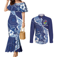 Fiji Lelean Memorial School Personalised Couples Matching Mermaid Dress and Long Sleeve Button Shirt Korodredre Davuilevu Masi Mix Style LT7 Blue - Polynesian Pride