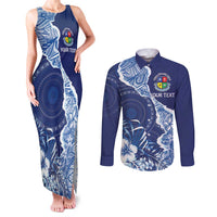 Fiji Lelean Memorial School Personalised Couples Matching Tank Maxi Dress and Long Sleeve Button Shirt Korodredre Davuilevu Masi Mix Style LT7 Blue - Polynesian Pride