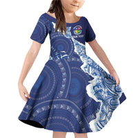 Fiji Lelean Memorial School Personalised Family Matching Off Shoulder Short Dress and Hawaiian Shirt Korodredre Davuilevu Masi Mix Style LT7 Daughter's Dress Blue - Polynesian Pride