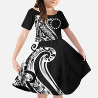 Kia Orana Cook Islands Family Matching Off Shoulder Maxi Dress and Hawaiian Shirt Kerekere Plumeria Tropical Waves LT7 Daughter's Dress Black - Polynesian Pride