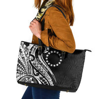 Kia Orana Cook Islands Leather Tote Bag Kerekere Plumeria Tropical Waves LT7 Black - Polynesian Pride