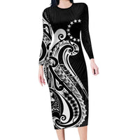 Kia Orana Cook Islands Long Sleeve Bodycon Dress Kerekere Plumeria Tropical Waves LT7 Long Dress Black - Polynesian Pride