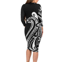 Kia Orana Cook Islands Long Sleeve Bodycon Dress Kerekere Plumeria Tropical Waves LT7 - Polynesian Pride