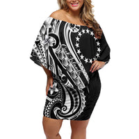 Kia Orana Cook Islands Off Shoulder Short Dress Kerekere Plumeria Tropical Waves LT7 Women Black - Polynesian Pride