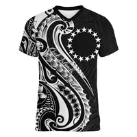 Kia Orana Cook Islands Women V-Neck T-Shirt Kerekere Plumeria Tropical Waves LT7 Female Black - Polynesian Pride