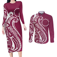 Kia Orana Cook Islands Couples Matching Long Sleeve Bodycon Dress and Long Sleeve Button Shirt Maroon Plumeria Tropical Waves LT7 Maroon - Polynesian Pride
