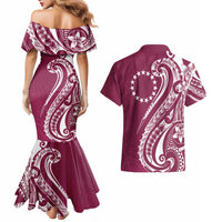 Kia Orana Cook Islands Couples Matching Mermaid Dress and Hawaiian Shirt Maroon Plumeria Tropical Waves LT7 - Polynesian Pride