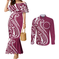 Kia Orana Cook Islands Couples Matching Mermaid Dress and Long Sleeve Button Shirt Maroon Plumeria Tropical Waves LT7 Maroon - Polynesian Pride