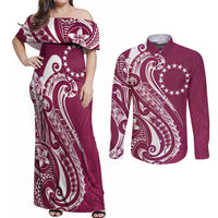 Kia Orana Cook Islands Couples Matching Off Shoulder Maxi Dress and Long Sleeve Button Shirt Maroon Plumeria Tropical Waves LT7 Maroon - Polynesian Pride