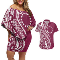 Kia Orana Cook Islands Couples Matching Off Shoulder Short Dress and Hawaiian Shirt Maroon Plumeria Tropical Waves LT7 Maroon - Polynesian Pride