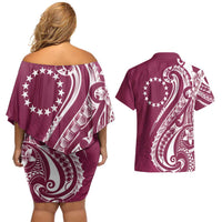 Kia Orana Cook Islands Couples Matching Off Shoulder Short Dress and Hawaiian Shirt Maroon Plumeria Tropical Waves LT7 - Polynesian Pride