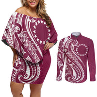 Kia Orana Cook Islands Couples Matching Off Shoulder Short Dress and Long Sleeve Button Shirt Maroon Plumeria Tropical Waves LT7 Maroon - Polynesian Pride