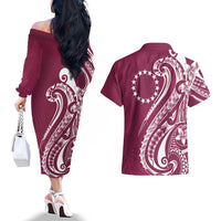 Kia Orana Cook Islands Couples Matching Off The Shoulder Long Sleeve Dress and Hawaiian Shirt Maroon Plumeria Tropical Waves LT7 - Polynesian Pride