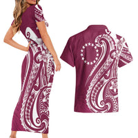 Kia Orana Cook Islands Couples Matching Short Sleeve Bodycon Dress and Hawaiian Shirt Maroon Plumeria Tropical Waves LT7 - Polynesian Pride