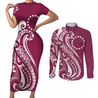 Kia Orana Cook Islands Couples Matching Short Sleeve Bodycon Dress and Long Sleeve Button Shirt Maroon Plumeria Tropical Waves LT7 Maroon - Polynesian Pride