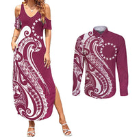 Kia Orana Cook Islands Couples Matching Summer Maxi Dress and Long Sleeve Button Shirt Maroon Plumeria Tropical Waves LT7 Maroon - Polynesian Pride