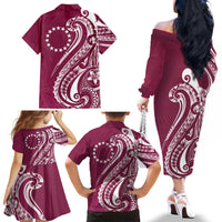 Kia Orana Cook Islands Family Matching Off The Shoulder Long Sleeve Dress and Hawaiian Shirt Maroon Plumeria Tropical Waves LT7 - Polynesian Pride