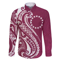 Kia Orana Cook Islands Family Matching Off The Shoulder Long Sleeve Dress and Hawaiian Shirt Maroon Plumeria Tropical Waves LT7 Dad's Shirt - Long Sleeve Maroon - Polynesian Pride