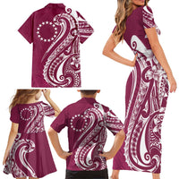 Kia Orana Cook Islands Family Matching Short Sleeve Bodycon Dress and Hawaiian Shirt Maroon Plumeria Tropical Waves LT7 - Polynesian Pride