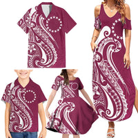 Kia Orana Cook Islands Family Matching Summer Maxi Dress and Hawaiian Shirt Maroon Plumeria Tropical Waves LT7 - Polynesian Pride