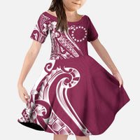 Kia Orana Cook Islands Kid Short Sleeve Dress Maroon Plumeria Tropical Waves - Polynesian Pride