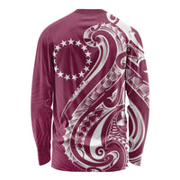 Kia Orana Cook Islands Long Sleeve Shirt Maroon Plumeria Tropical Waves - Polynesian Pride