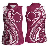 Kia Orana Cook Islands Women Sleeveless Polo Shirt Maroon Plumeria Tropical Waves LT7 - Polynesian Pride