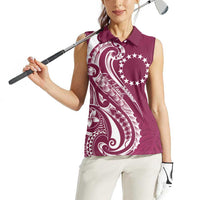 Kia Orana Cook Islands Women Sleeveless Polo Shirt Maroon Plumeria Tropical Waves LT7 - Polynesian Pride