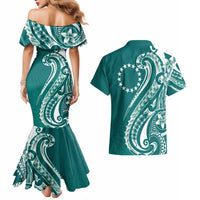 Kia Orana Cook Islands Couples Matching Mermaid Dress and Hawaiian Shirt Teal Plumeria Tropical Waves LT7 - Polynesian Pride