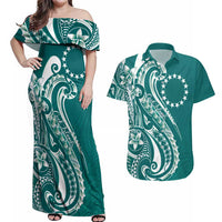 Kia Orana Cook Islands Couples Matching Off Shoulder Maxi Dress and Hawaiian Shirt Teal Plumeria Tropical Waves LT7 Teal - Polynesian Pride