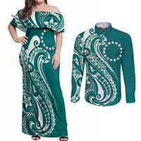 Kia Orana Cook Islands Couples Matching Off Shoulder Maxi Dress and Long Sleeve Button Shirt Teal Plumeria Tropical Waves LT7 Teal - Polynesian Pride