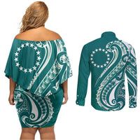 Kia Orana Cook Islands Couples Matching Off Shoulder Short Dress and Long Sleeve Button Shirt Teal Plumeria Tropical Waves LT7 - Polynesian Pride
