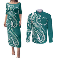 Kia Orana Cook Islands Couples Matching Puletasi and Long Sleeve Button Shirt Teal Plumeria Tropical Waves LT7 Teal - Polynesian Pride