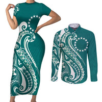 Kia Orana Cook Islands Couples Matching Short Sleeve Bodycon Dress and Long Sleeve Button Shirt Teal Plumeria Tropical Waves LT7 Teal - Polynesian Pride