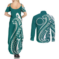 Kia Orana Cook Islands Couples Matching Summer Maxi Dress and Long Sleeve Button Shirt Teal Plumeria Tropical Waves LT7 - Polynesian Pride