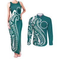 Kia Orana Cook Islands Couples Matching Tank Maxi Dress and Long Sleeve Button Shirt Teal Plumeria Tropical Waves LT7 Teal - Polynesian Pride
