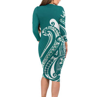 Kia Orana Cook Islands Family Matching Long Sleeve Bodycon Dress and Hawaiian Shirt Teal Plumeria Tropical Waves LT7 - Polynesian Pride