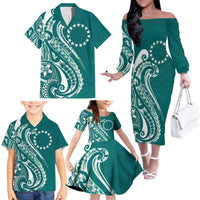 Kia Orana Cook Islands Family Matching Off The Shoulder Long Sleeve Dress and Hawaiian Shirt Teal Plumeria Tropical Waves LT7 - Polynesian Pride