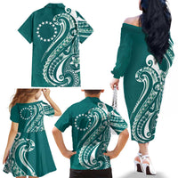 Kia Orana Cook Islands Family Matching Off The Shoulder Long Sleeve Dress and Hawaiian Shirt Teal Plumeria Tropical Waves LT7 - Polynesian Pride